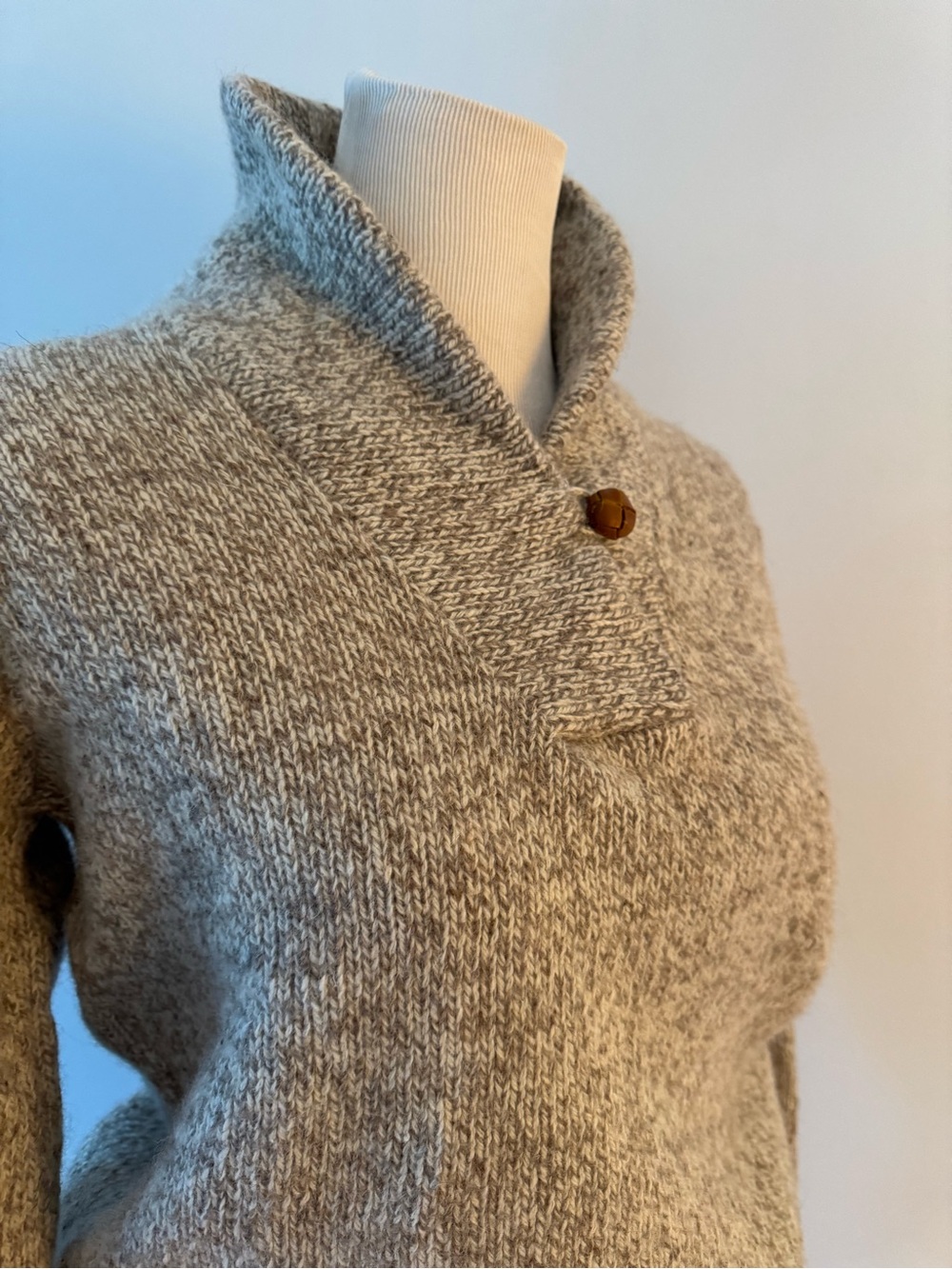 Cambridge Dry Goods Heather Taupe Shawl-Collar Sweater with Button. Med